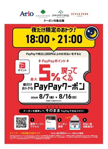 アリオ、グランツリー武蔵小杉、プライムツリー赤池、セブンパーク天美で｢夜だけ限定｣5%戻ってくるお得なクーポン