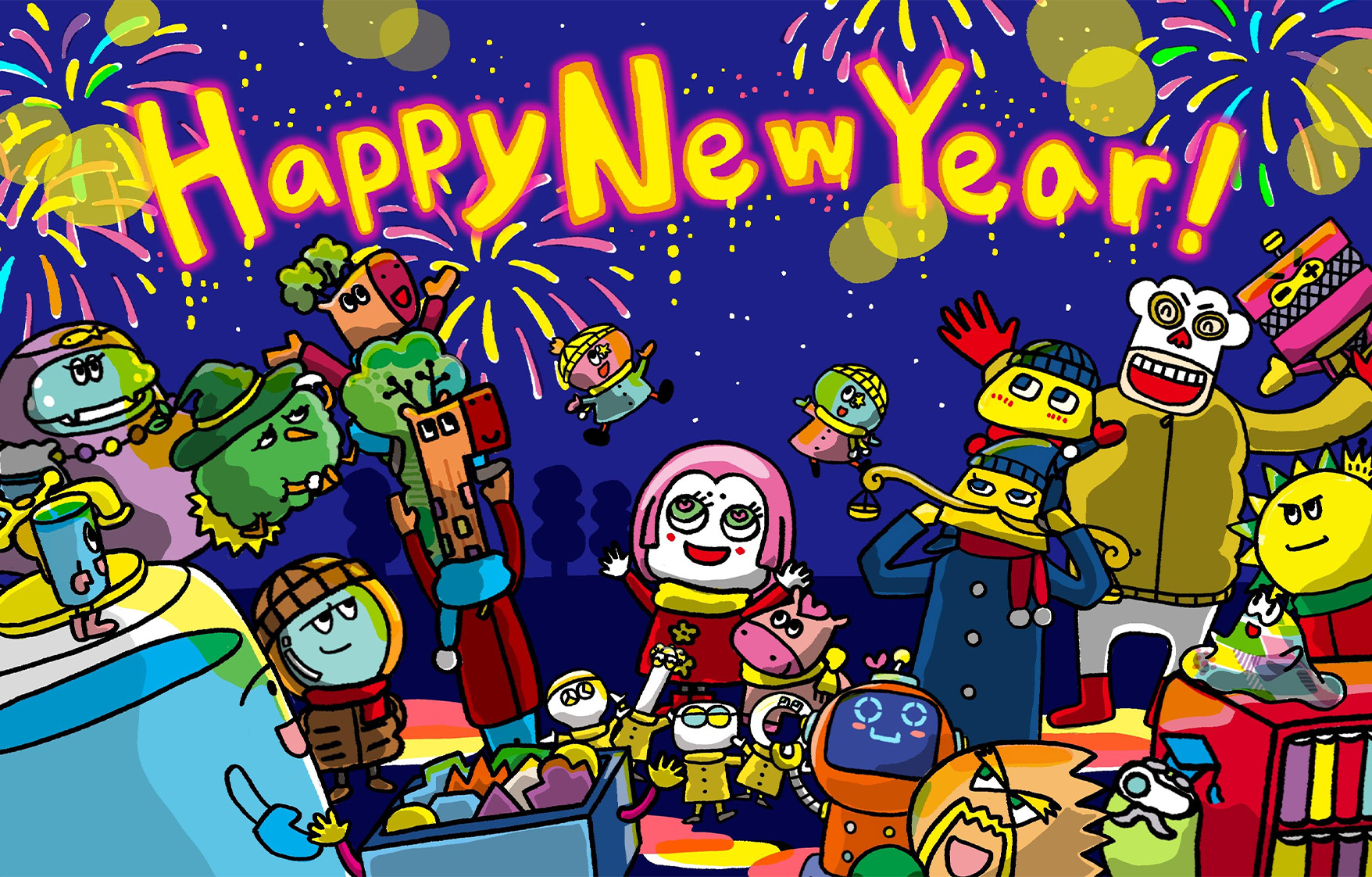 年越しそばを食べ終えて、カウントダウンののち新年が明けた様子。花火があがってみんなでお祝いしている。